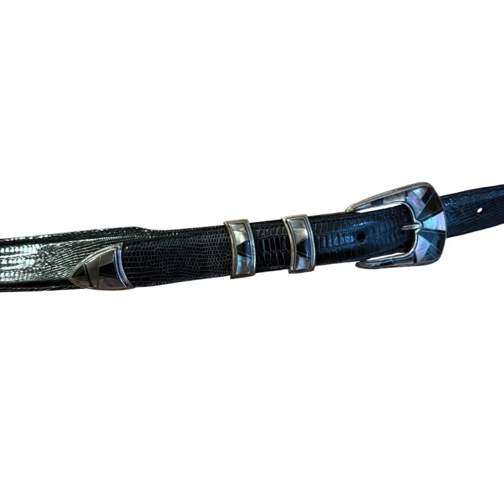 JW Cooper .925 Sterling Opal Inlay Black Lizard Skin Belt Size 44